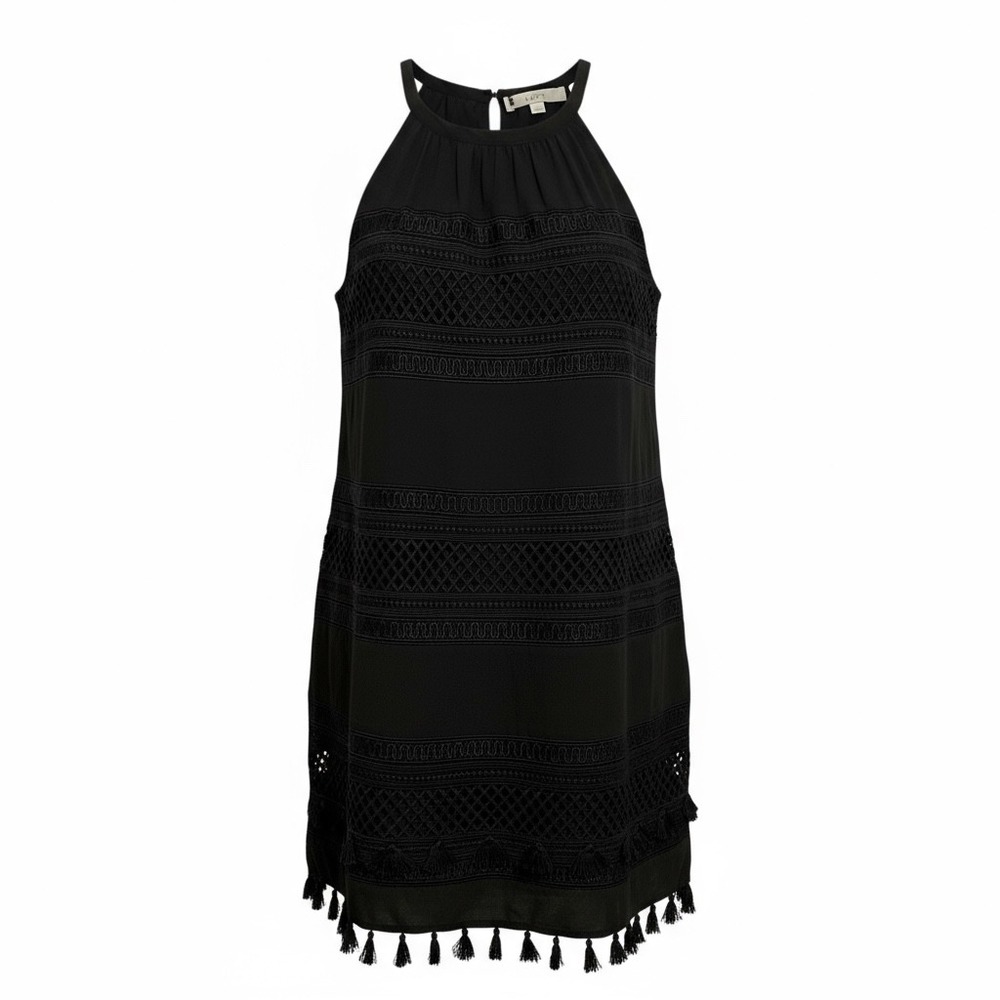 LOFT Black Halter Neck Crochet Lace Trim Tassel Dress Size Small Boho - Picture 2 of 11